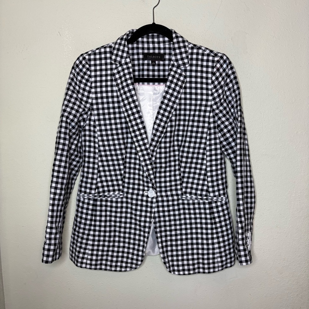 Talbots Black & White Linen Blend Gingham Blazer Size 4
